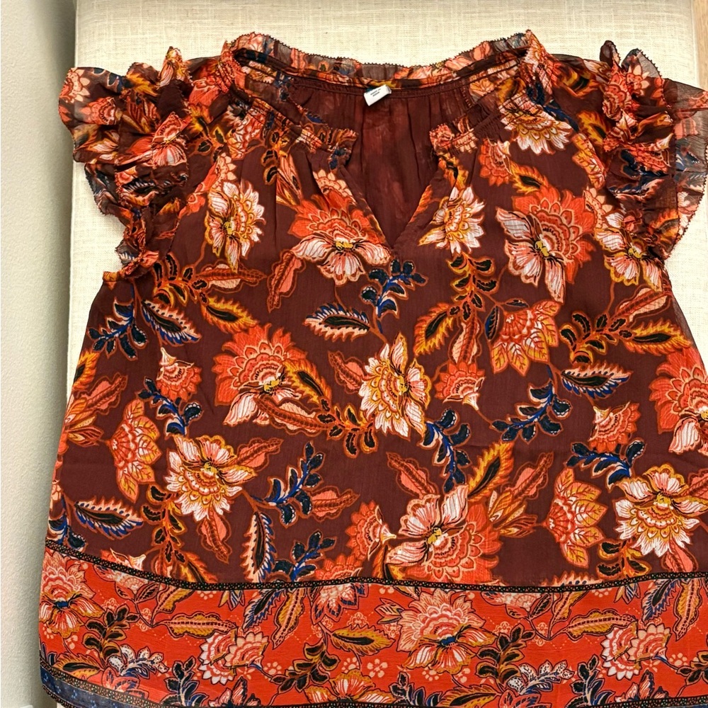 Floral Ruffle Sleeve Top - Red and Orange